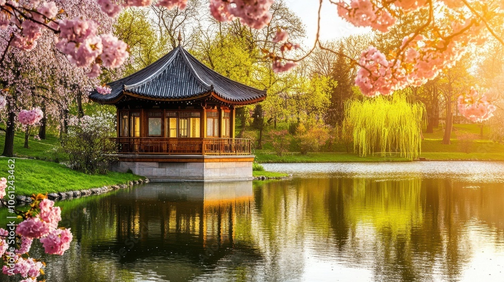 Serene Chinese Garden with Pagoda and Blooming Cherry Blossoms Serene Chinese Garden with Pagoda and Blooming Cherry Blossoms