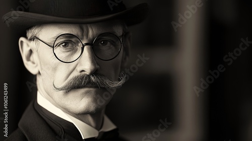 Retro style logo featuring a handsome man in a 3/4 portrait, exuding the charm of a scientist, doctor, or professor. This distinguished figure sports a classic moustache 