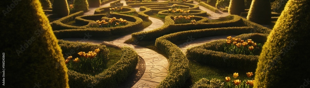 A beautifully manicured garden with winding paths and vibrant flowers. A beautifully manicured garden with winding paths and vibrant flowers.