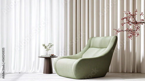 modern green armchair with white curtains and side table in minimalist living room