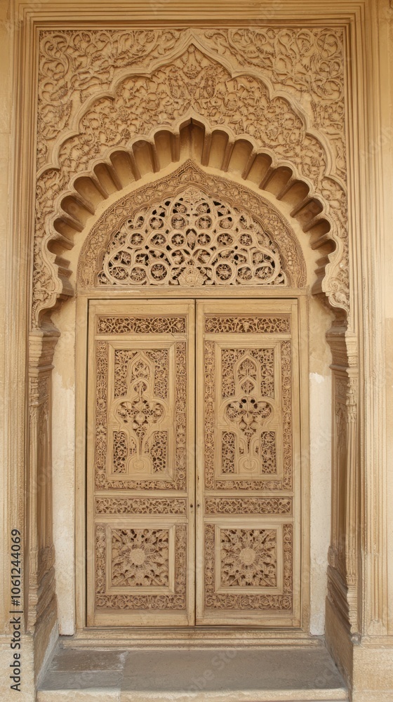 Ornate wooden door with intricate carvings in a historical architectural style. Ornate wooden door with intricate carvings in a historical architectural style.