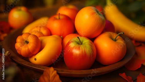 An Exquisite Platter of Seasonal Apples, Squash, and Oranges Surrounded by Autumn Leaves