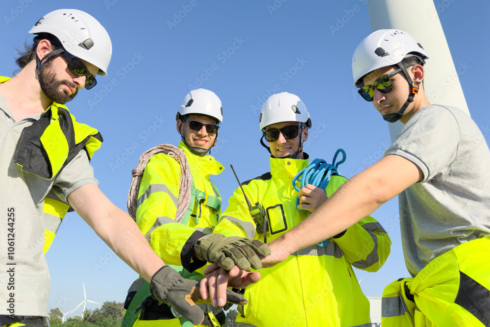 Team of electrical engineer is perform the inspection and maintenance of electric generating windmill turbine. Team of electrical engineer is perform the inspection and maintenance of electric generating windmill turbine.