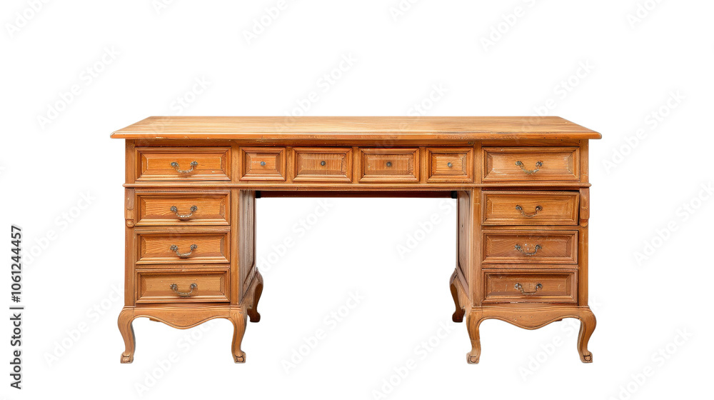 Wooden desk with multiple drawers on a white isolated background Wooden desk with multiple drawers on a white isolated background