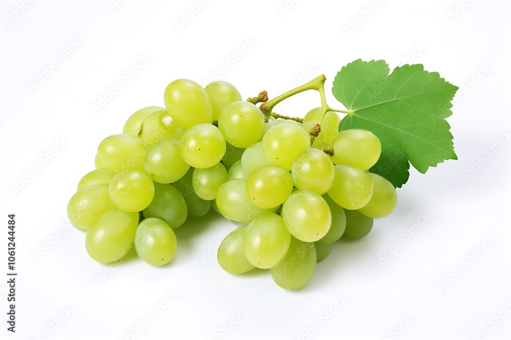 Green grapes with leaf fruit isolated on white background Green grapes with leaf fruit isolated on white background