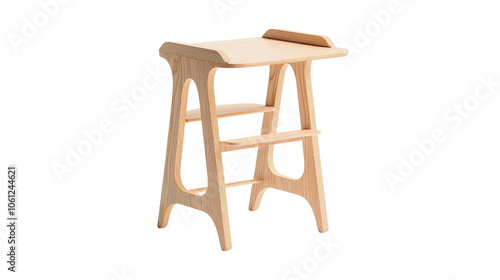 Wooden stool, elegant design, white isolated background