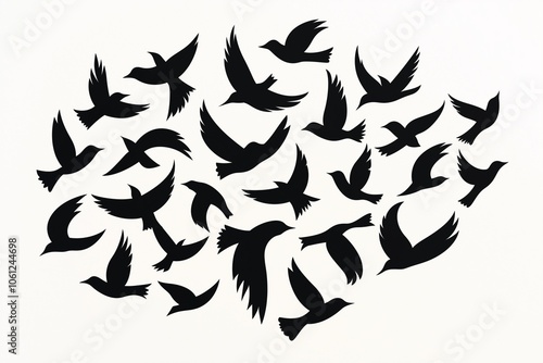 A striking arrangement of bird silhouettes flying against a plain white background, capturing a sense of freedom, movement, and the beauty of nature's simplicity in black and white.