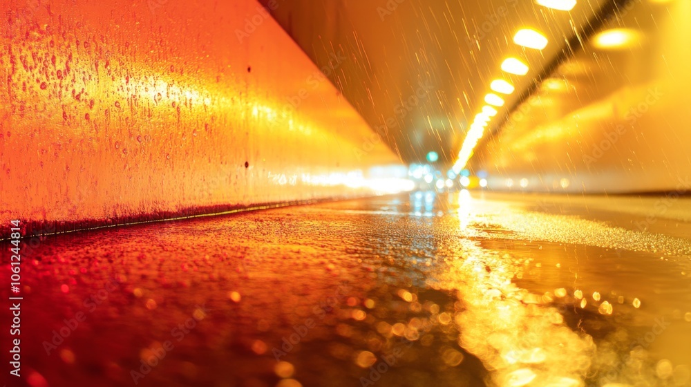 Wet Asphalt in a Tunnel with Reflected Lights Wet Asphalt in a Tunnel with Reflected Lights