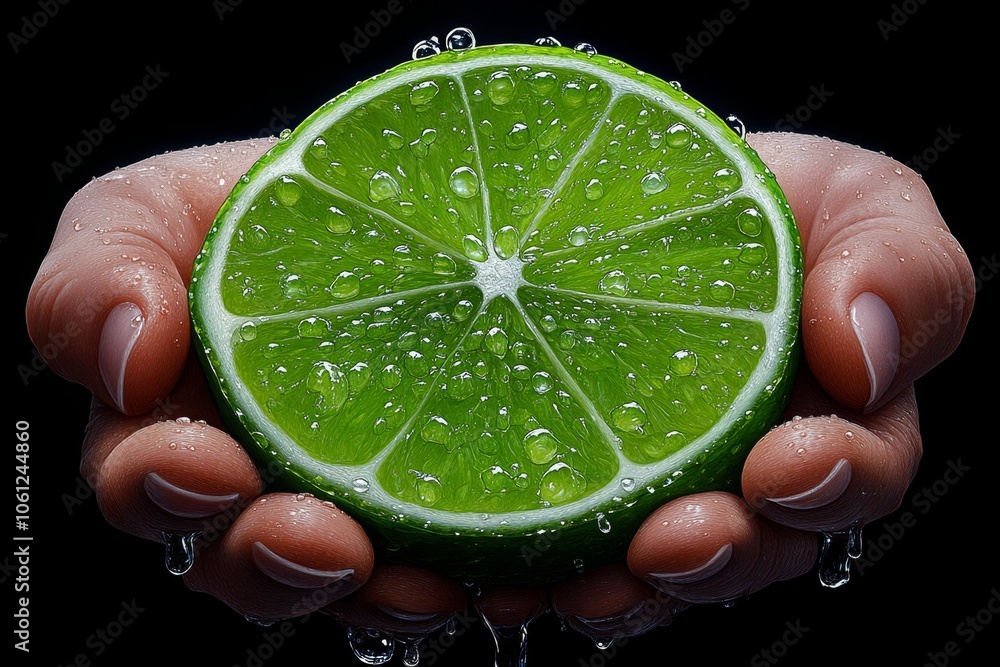 Hyper-realistic close-up of hands squeezing a juicy lime, with droplets ...