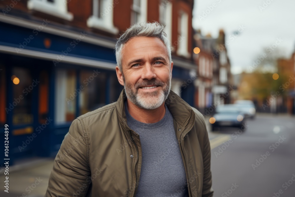 Portrait of a handsome middle-aged man standing in the street. Portrait of a handsome middle-aged man standing in the street.