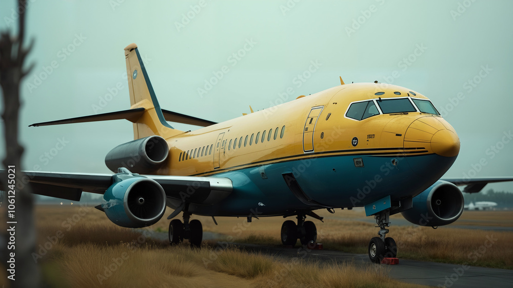 Obraz premium A Striking Contrast Between a Parked Airplane and a Rustic Wooden Pole in a Quiet Setting