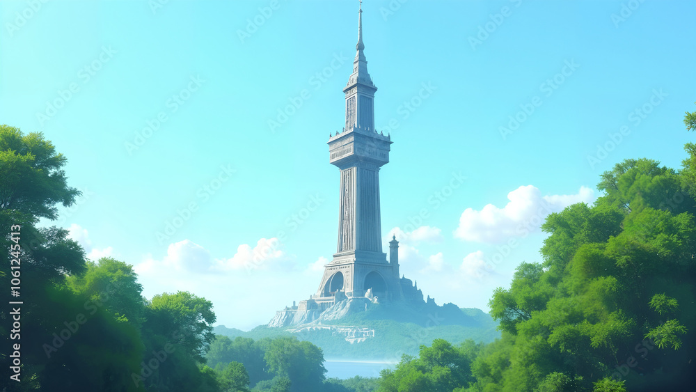 Fototapeta premium A Magnificent Tower Rising High Above Lush Trees Offering an Awe-Inspiring View with a Breathtaking Backdrop