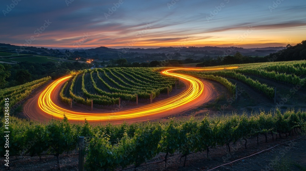 Fototapeta premium Winding Road Through Vineyard at Sunset with Light Trails