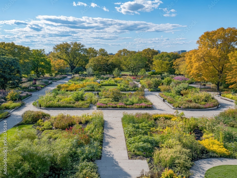 A vibrant garden with diverse plants and pathways under a blue sky. A vibrant garden with diverse plants and pathways under a blue sky.