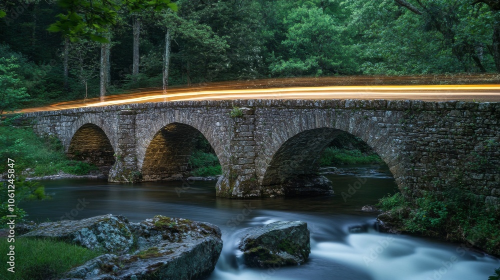Fototapeta premium Stone Bridge Spanning a Flowing Stream in a Lush Forest
