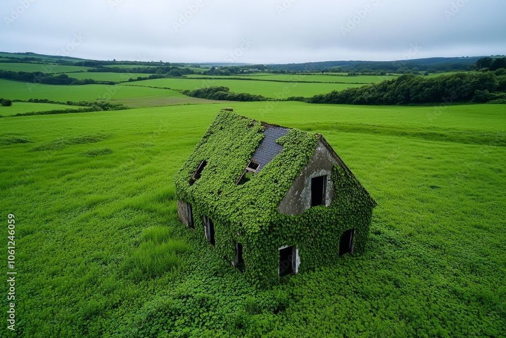 Obraz premium Dilapidated house with broken windows and overgrown ivy, surrounded by fog, capturing the abandoned, haunting beauty of a forgotten place, symbolizing mystery and solitude