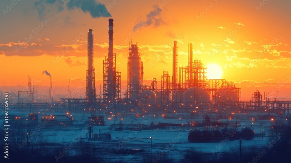 Large factory with many pipes and smoke stacks Large factory with many pipes and smoke stacks