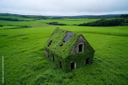 Dilapidated house with broken windows and overgrown ivy, surrounded by fog, capturing the abandoned, haunting beauty of a forgotten place, symbolizing mystery and solitude