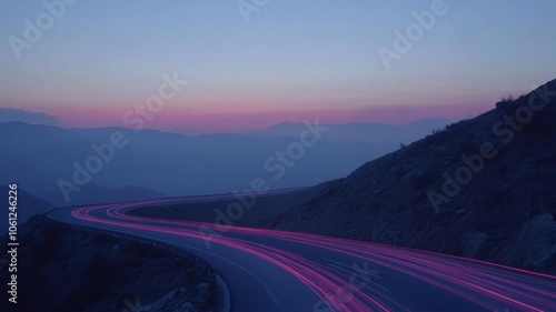 Winding Road with Pink Light Trails Through Mountains at Sunset