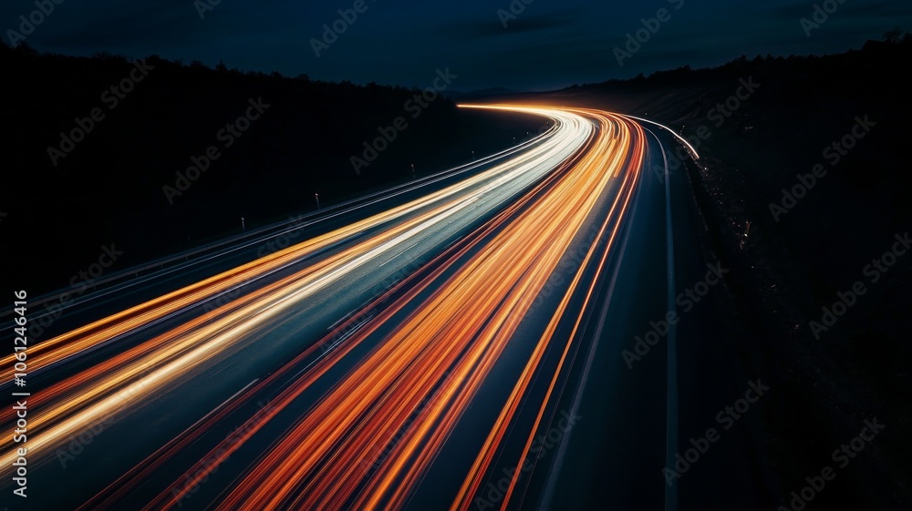 Long Exposure of Light Trails on a Winding Highway at Night Long Exposure of Light Trails on a Winding Highway at Night