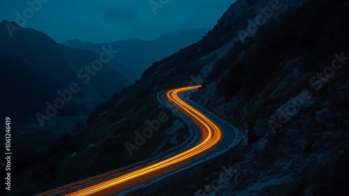 Winding Mountain Road with Bright Light Trails at Night