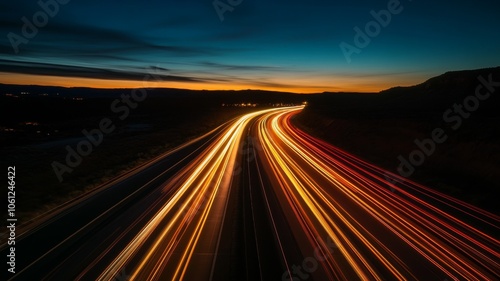 A Winding Highway Lit by the Trails of Passing Cars at Dusk