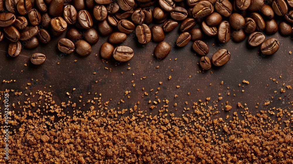 Top view of roasted coffee beans, brown sugar, and hot espresso coffee with empty space. Top view of roasted coffee beans, brown sugar, and hot espresso coffee with empty space.