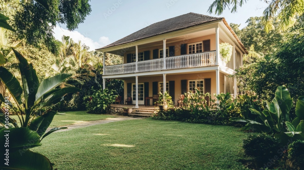 Two-Story House with White Columns and Balcony, Surrounded by Lush Greenery Two-Story House with White Columns and Balcony, Surrounded by Lush Greenery