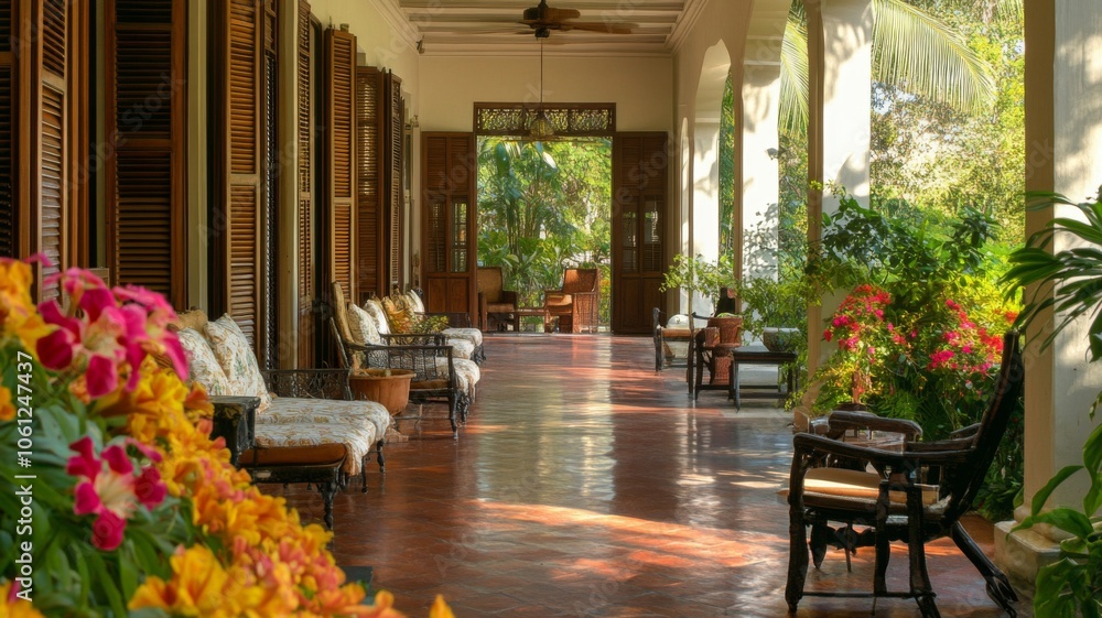 Obraz premium A Veranda with Louvered Shutters, Wicker Furniture, and Lush Greenery