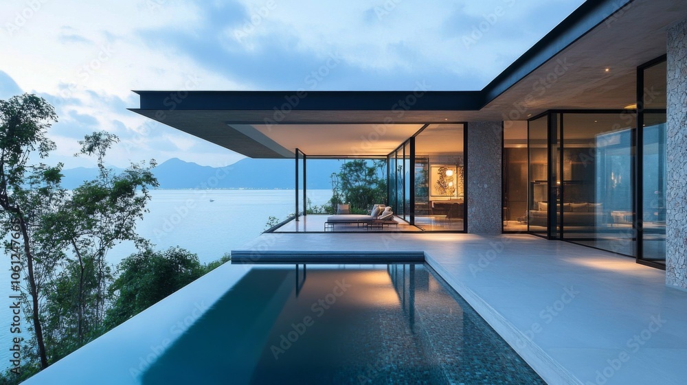 Fototapeta premium Modern House with Infinity Pool Overlooking a Lake and Mountains