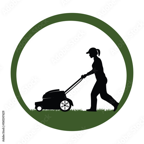 Icon of Person Mowing Lawn in Circular Green Frame