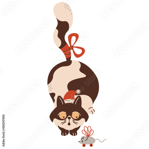 Surprised cat in Santa hat with toy mouse flat color vector character. Funny pet celebrating Christmas holidays illustration on white background