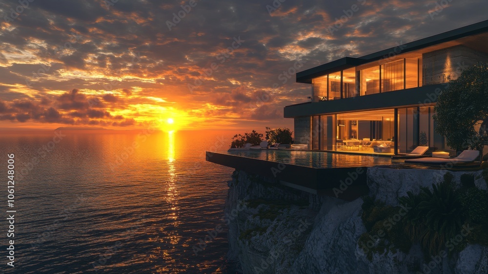 Modern Cliffside House with Infinity Pool at Sunset Modern Cliffside House with Infinity Pool at Sunset