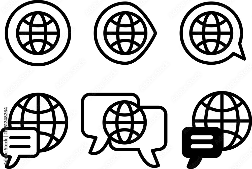 Language translation icon globe line symbol. Earth globe in quote frame icon.