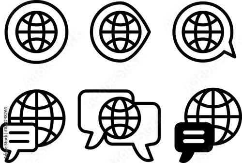 Language translation icon globe line symbol. Earth globe in quote frame icon.