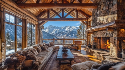 Cozy Cabin Interior with Mountain View and Fireplace