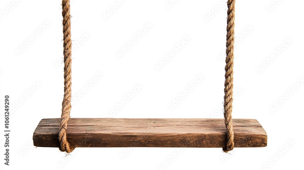 A simple yet elegant wooden swing placed on a white background, showcasing a minimalist design. The swing features smooth wooden slats with sturdy ropes hanging from either side, A simple yet elegant wooden swing placed on a white background, showcasing a minimalist design. The swing features smooth wooden slats with sturdy ropes hanging from either side,