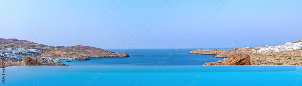 A serene infinity pool overlooking a tranquil sea and distant hills under a clear blue sky. A serene infinity pool overlooking a tranquil sea and distant hills under a clear blue sky.