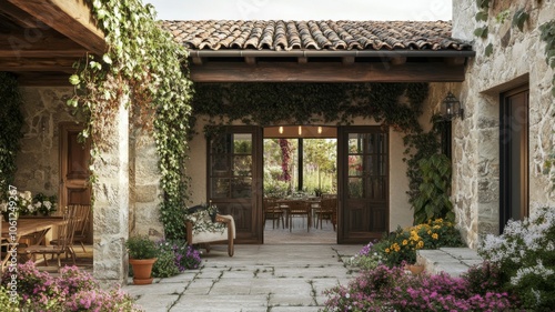 Stone Patio with Double Doors Opening to a Garden