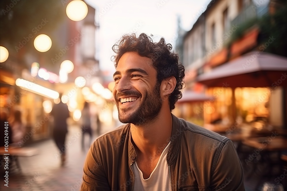 Portrait of a handsome young man smiling at the camera while standing in a street Portrait of a handsome young man smiling at the camera while standing in a street