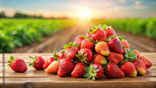 Fresh strawberries piled on table with strawberry field in background, tilted angle