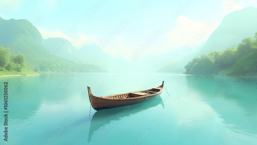 A Serene Long Boat Gracefully at Rest on a Tranquil Body of Water Surrounded by Lush Green Scenery A Serene Long Boat Gracefully at Rest on a Tranquil Body of Water Surrounded by Lush Green Scenery