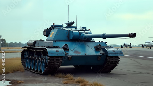 A Unique Weathered Blue Tank on the Runway at the Airport Surrounded by Vivid Landscapes and Air Traffic