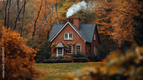 Brick House with Smoke Emitting from Chimney in Autumnal Forest