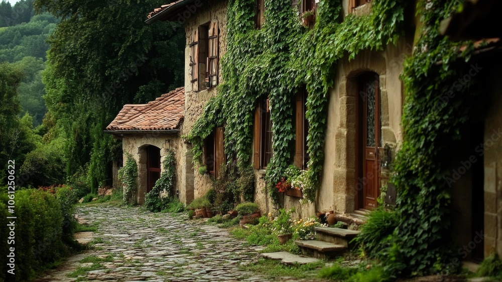 Stone Pathway Leading to a Rustic Stone House Covered in Vines Stone Pathway Leading to a Rustic Stone House Covered in Vines