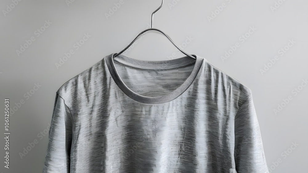 A gray t-shirt hanging on a simple hook against a light background. A gray t-shirt hanging on a simple hook against a light background.