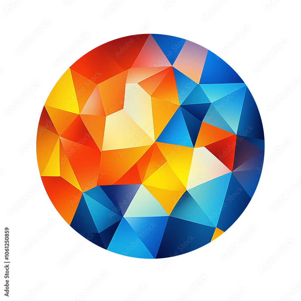 A striking geometric abstract composition in a circular form featuring vivid colors such as orange, yellow, and blue, creating a dynamic visual impact. A striking geometric abstract composition in a circular form featuring vivid colors such as orange, yellow, and blue, creating a dynamic visual impact.