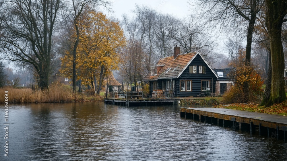 Black Cabin on a Waterway with Fall Foliage and Wooden Dock Black Cabin on a Waterway with Fall Foliage and Wooden Dock