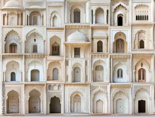 A decorative wall featuring intricate architectural niches and doorways.