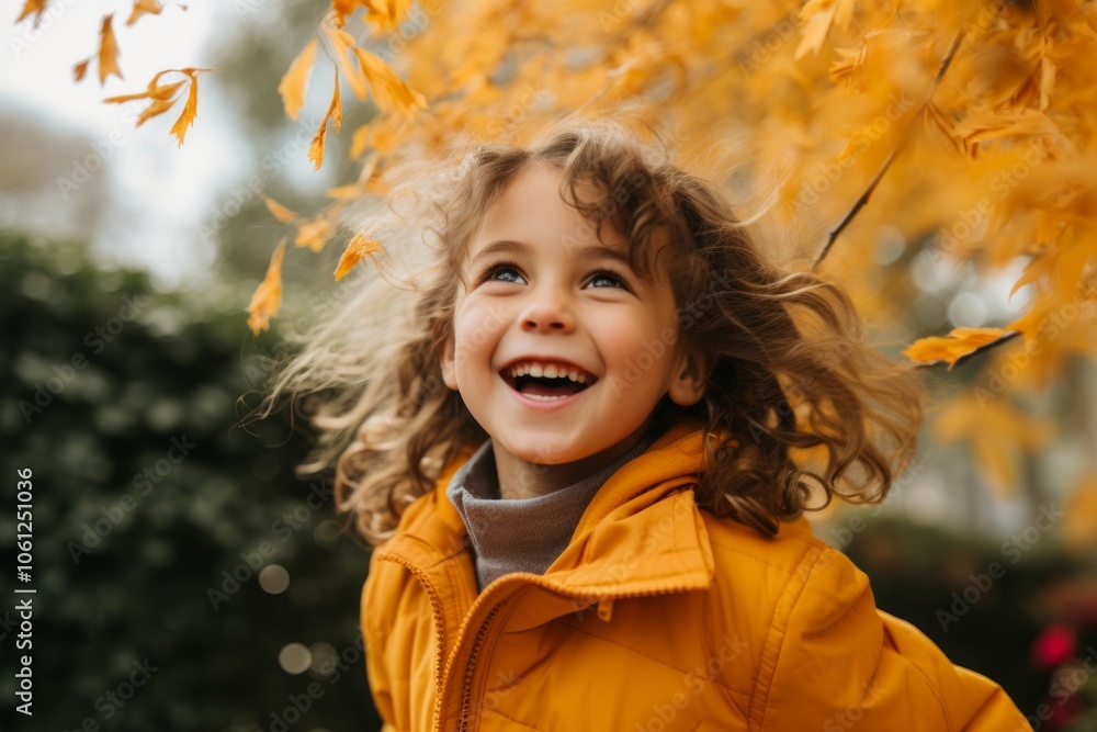 Little girl with curly hair in a yellow jacket on a background of autumn leaves Little girl with curly hair in a yellow jacket on a background of autumn leaves